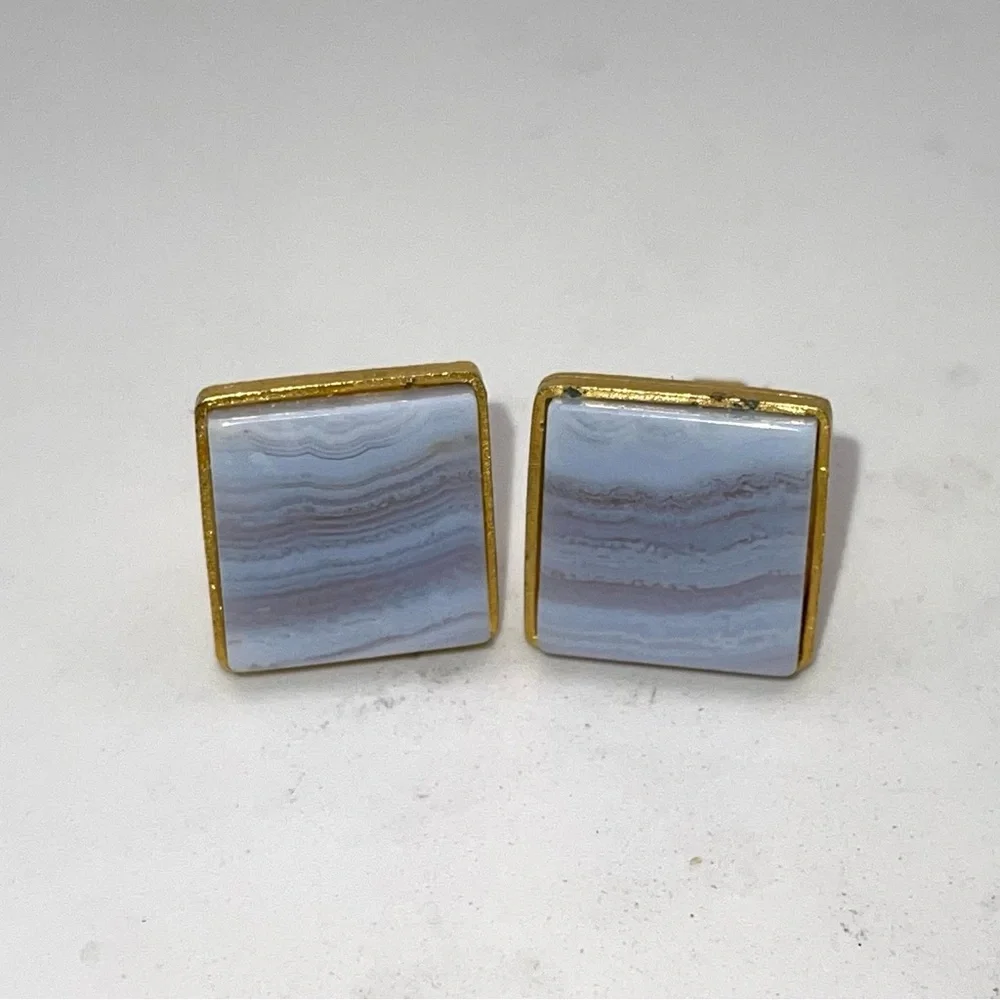 Striking Vintage Genuine Polished Blue Lace and Gold Tone Cufflinks